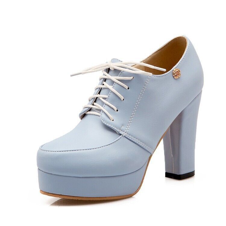 Women’s Retro Lace Up Round Toe Platform High Block Heel Pumps Casual Shoes Size - Foto 26 di 26