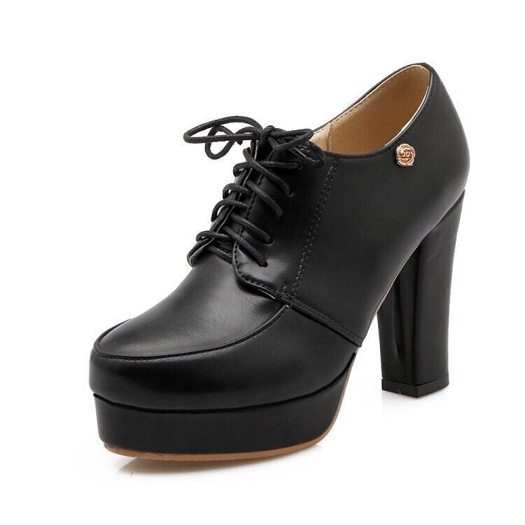 Women’s Retro Lace Up Round Toe Platform High Block Heel Pumps Casual Shoes Size - Foto 24 di 26