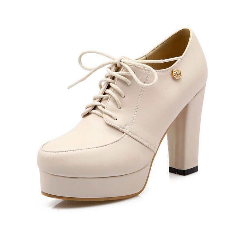 Women’s Retro Lace Up Round Toe Platform High Block Heel Pumps Casual Shoes Size - Foto 25 di 26