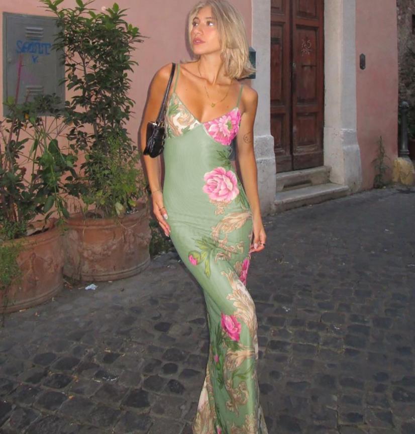 2024 New Summer Fresh Green Sexy Lady Beach Long Dress All Flowers Printing Hot