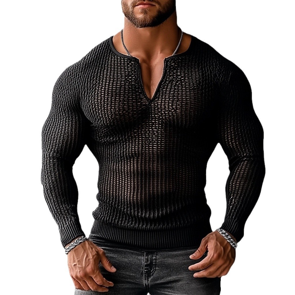 Men's Transparent Gauze V-neck Casual Long Sleeve Tee Shirt Sexy Hollow Mesh Top