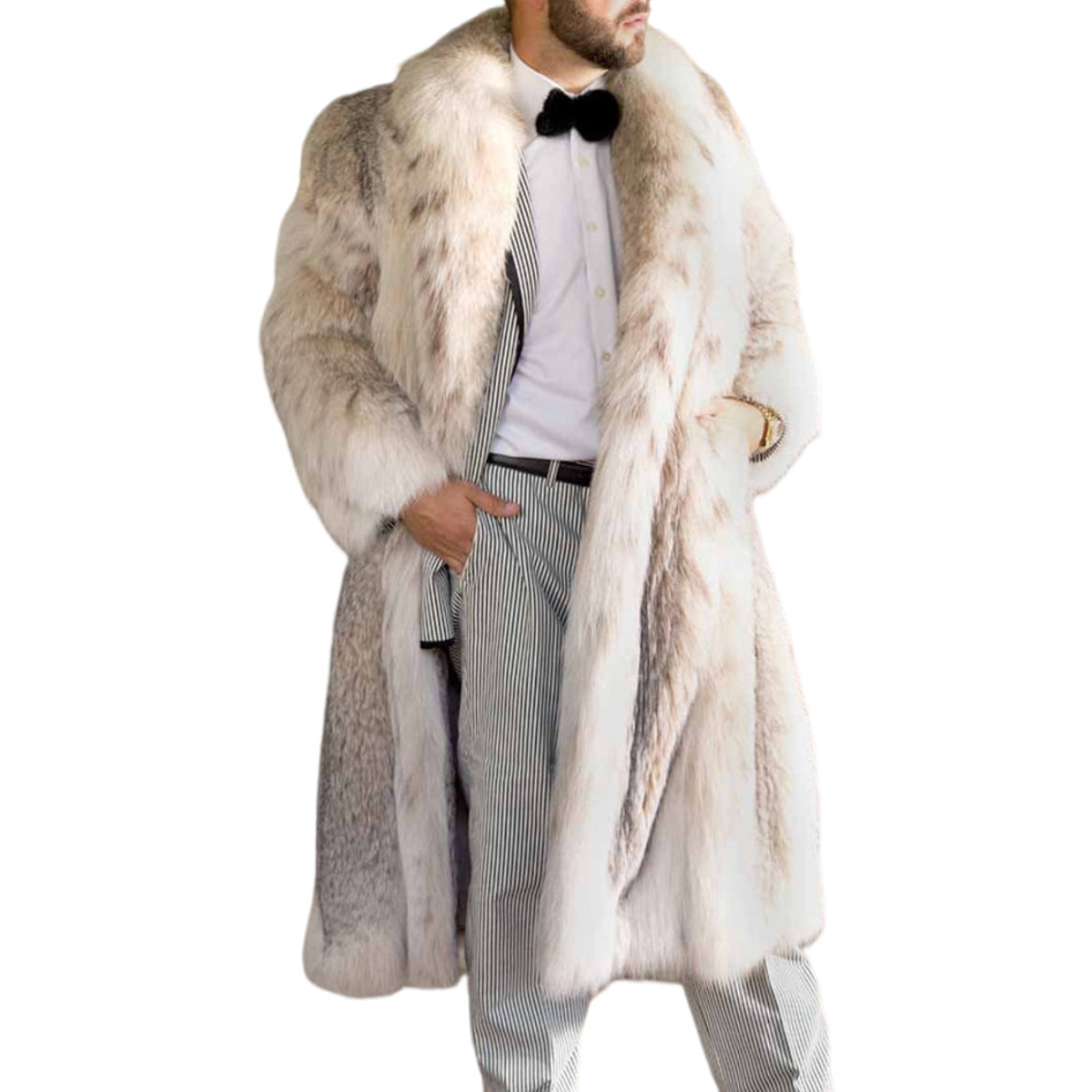 New Faux Fur Coat Long Men's Warm Faux Fur Trench Coat Faux Fox Fur Overcoat - Picture 7 of 13