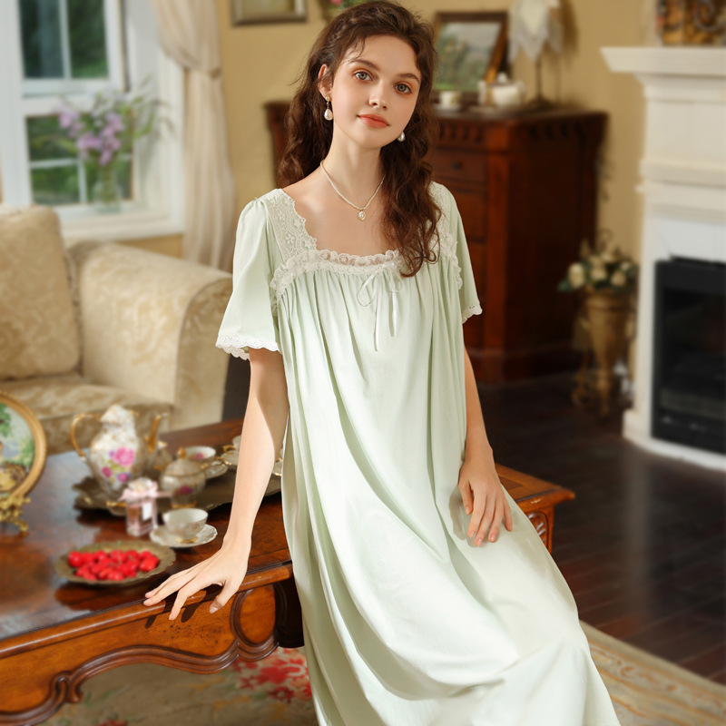 Sleeping Skirt Short Sleeved Cotton Long Lace Beauty Home Sleepwear - Picture 7 of 9