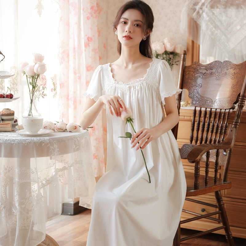 Sleeping Skirt Short Sleeved Cotton Long Lace Beauty Home Sleepwear - Picture 8 of 9