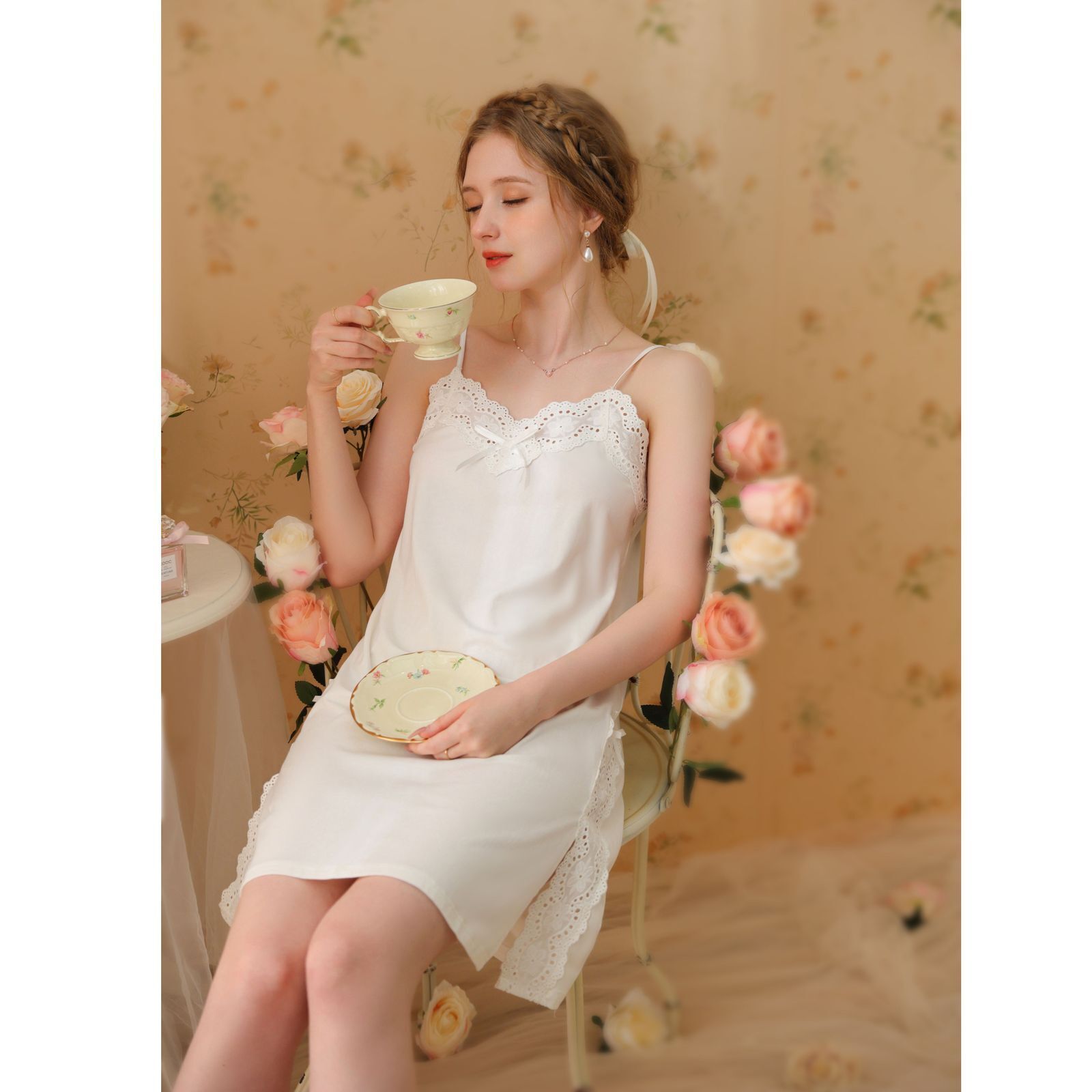 Women's Cute Cami Pajama Dress V Neck Open Back Lace Slim Sleeveless Nightgown - Picture 15 of 24