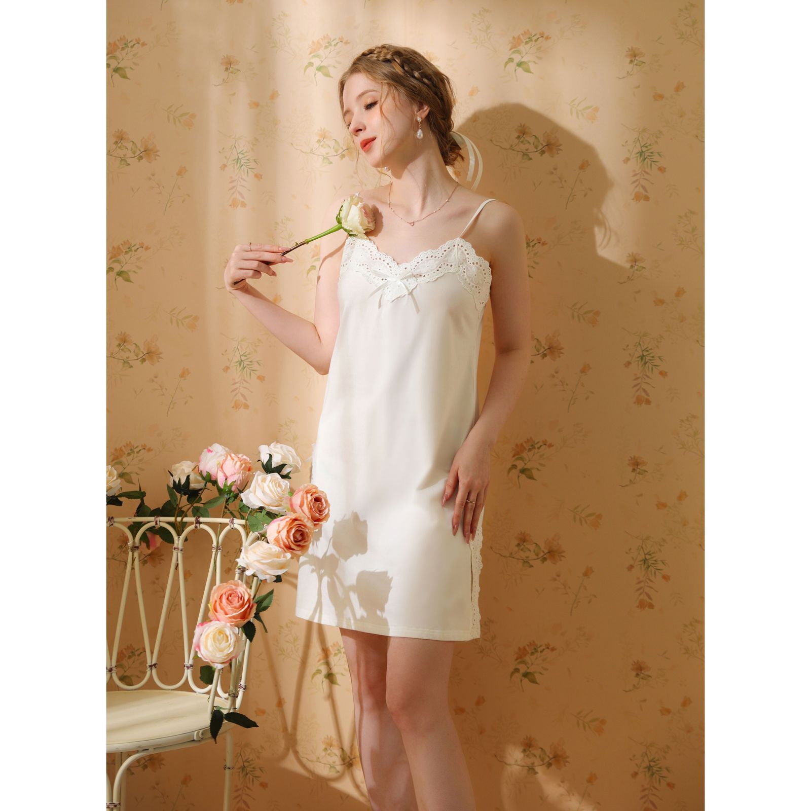 Women's Cute Cami Pajama Dress V Neck Open Back Lace Slim Sleeveless Nightgown - Picture 18 of 24