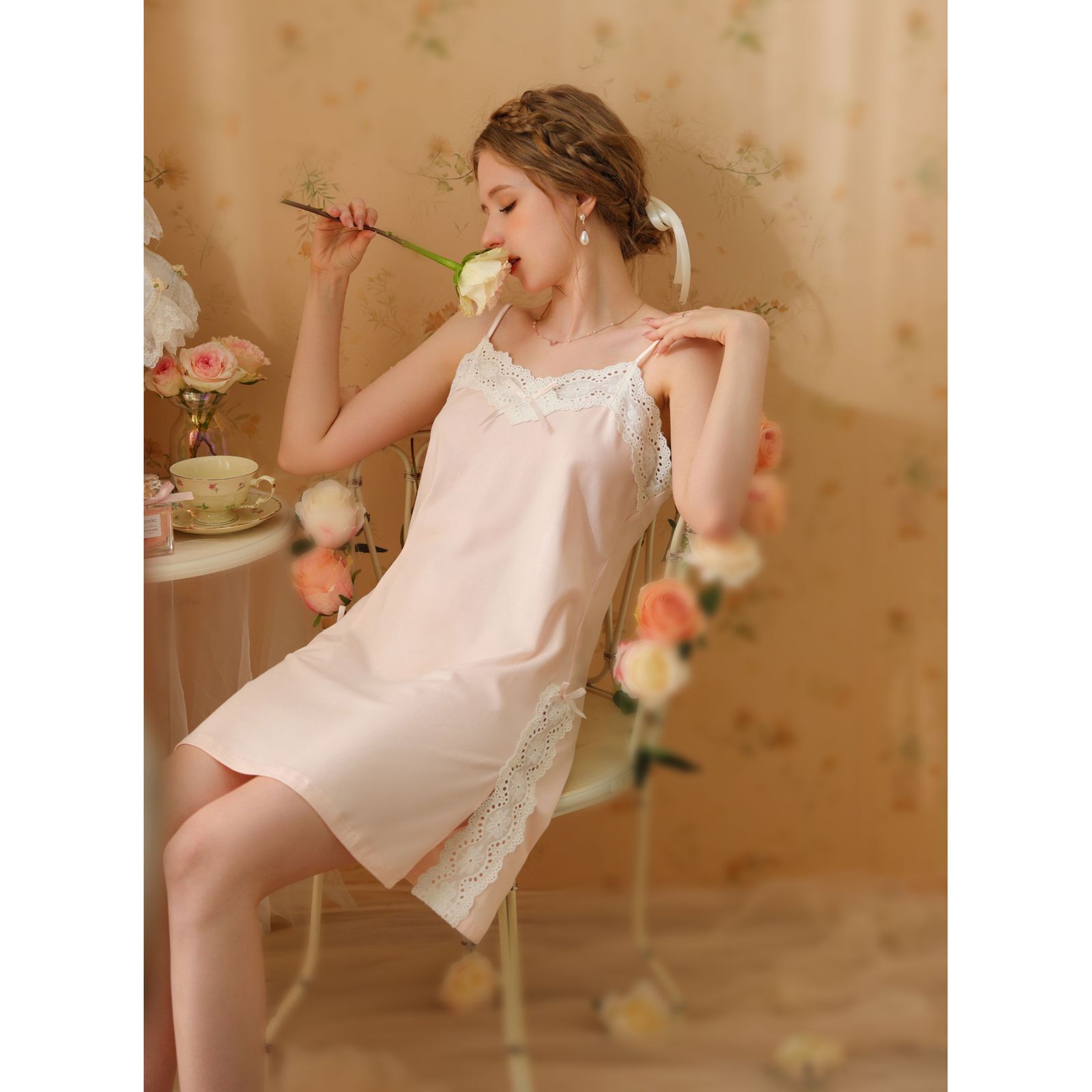 Women's Cute Cami Pajama Dress V Neck Open Back Lace Slim Sleeveless Nightgown - Picture 23 of 24