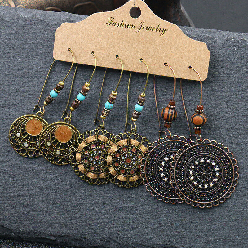 Boho 3Pcs/set Ethnic Leaf Bronze Earrings Set Vintage Hanging Earrings for Women - Picture 8 of 31