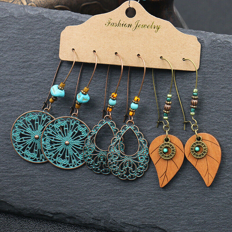 Boho 3Pcs/set Ethnic Leaf Bronze Earrings Set Vintage Hanging Earrings for Women - Picture 9 of 31