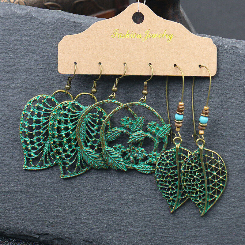 Boho 3Pcs/set Ethnic Leaf Bronze Earrings Set Vintage Hanging Earrings for Women - Picture 11 of 31