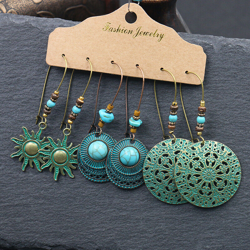 Boho 3Pcs/set Ethnic Leaf Bronze Earrings Set Vintage Hanging Earrings for Women - Picture 12 of 31