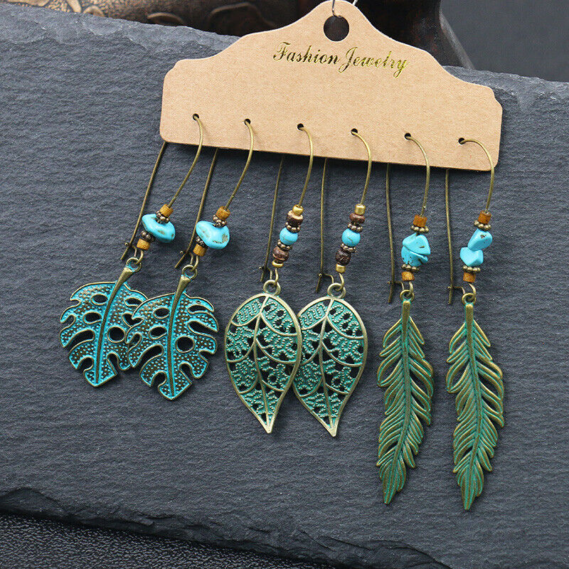 Boho 3Pcs/set Ethnic Leaf Bronze Earrings Set Vintage Hanging Earrings for Women - Picture 13 of 31