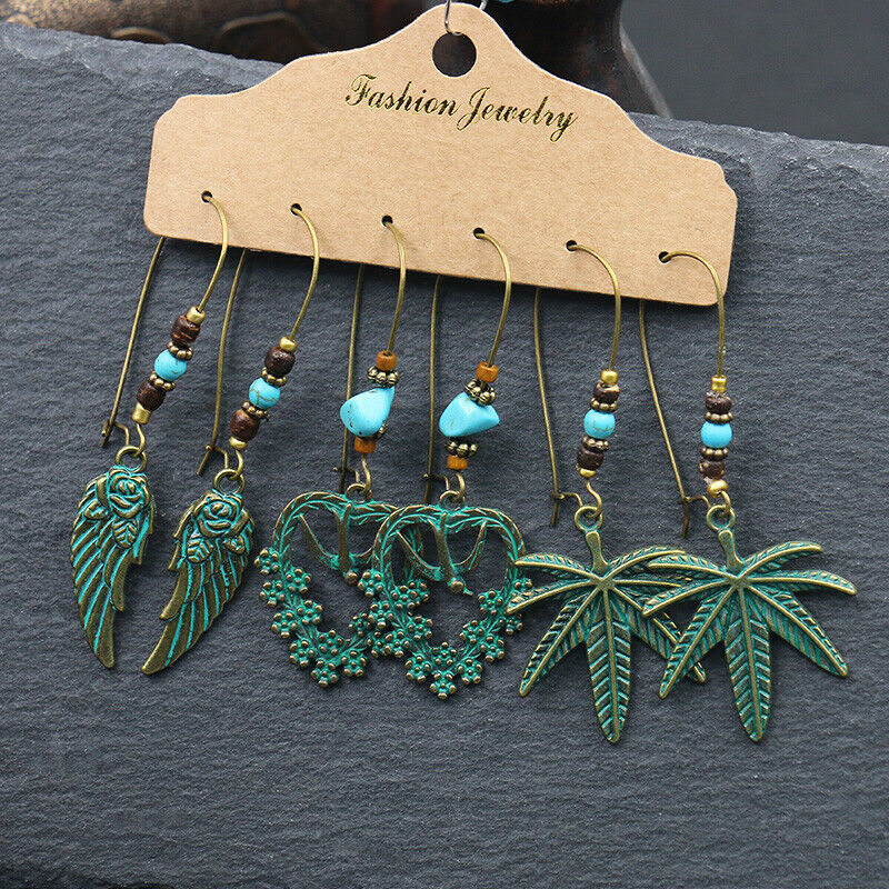Boho 3Pcs/set Ethnic Leaf Bronze Earrings Set Vintage Hanging Earrings for Women - Picture 14 of 31