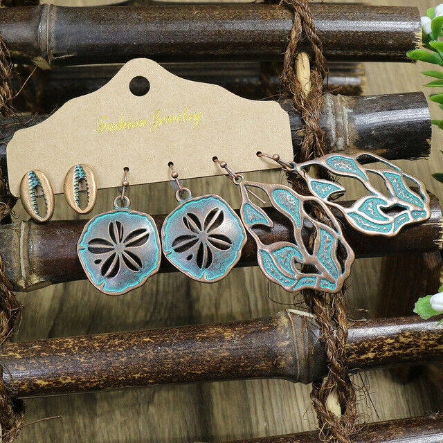 Boho 3Pcs/set Ethnic Leaf Bronze Earrings Set Vintage Hanging Earrings for Women - Picture 16 of 31