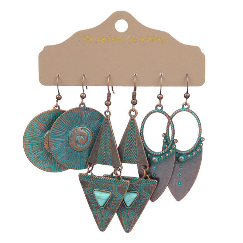 Boho 3Pcs/set Ethnic Leaf Bronze Earrings Set Vintage Hanging Earrings for Women - Picture 17 of 31