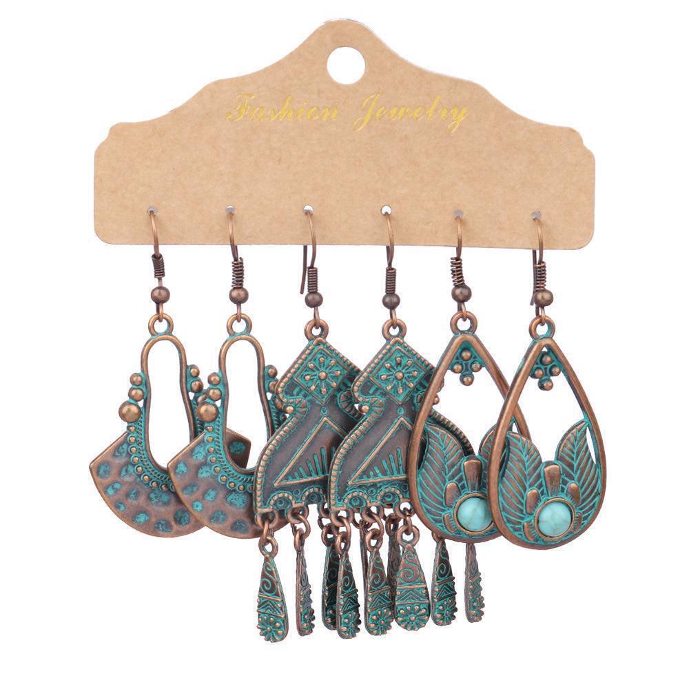 Boho 3Pcs/set Ethnic Leaf Bronze Earrings Set Vintage Hanging Earrings for Women - Picture 20 of 31