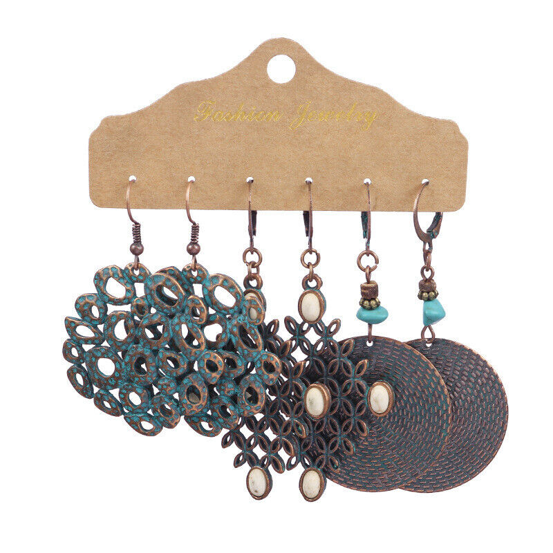 Boho 3Pcs/set Ethnic Leaf Bronze Earrings Set Vintage Hanging Earrings for Women - Picture 21 of 31