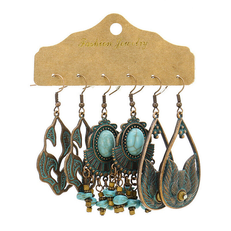 Boho 3Pcs/set Ethnic Leaf Bronze Earrings Set Vintage Hanging Earrings for Women - Picture 22 of 31