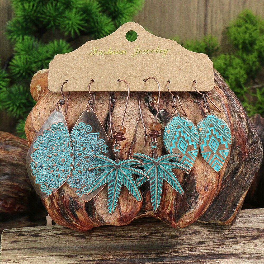Boho 3Pcs/set Ethnic Leaf Bronze Earrings Set Vintage Hanging Earrings for Women - Picture 23 of 31