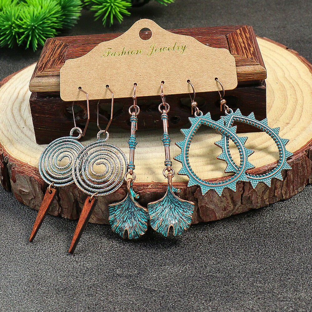 Boho 3Pcs/set Ethnic Leaf Bronze Earrings Set Vintage Hanging Earrings for Women - Picture 25 of 31