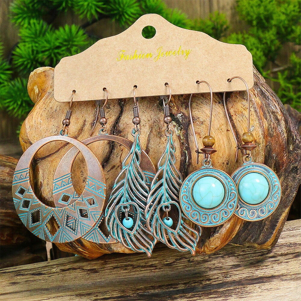 Boho 3Pcs/set Ethnic Leaf Bronze Earrings Set Vintage Hanging Earrings for Women - Picture 26 of 31