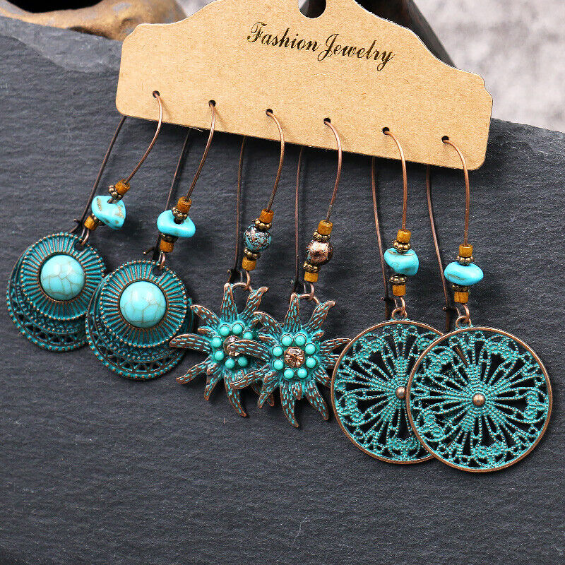 Boho 3Pcs/set Ethnic Leaf Bronze Earrings Set Vintage Hanging Earrings for Women - Picture 27 of 31