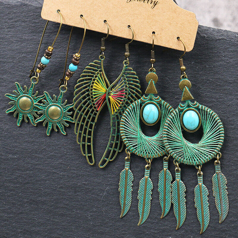 Boho 3Pcs/set Ethnic Leaf Bronze Earrings Set Vintage Hanging Earrings for Women - Picture 28 of 31
