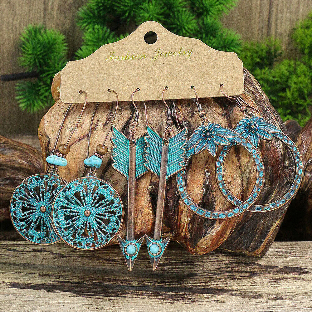 Boho 3Pcs/set Ethnic Leaf Bronze Earrings Set Vintage Hanging Earrings for Women - Picture 29 of 31