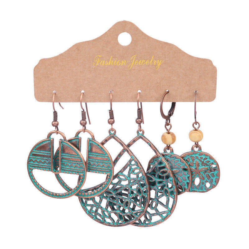 Boho 3Pcs/set Ethnic Leaf Bronze Earrings Set Vintage Hanging Earrings for Women - Picture 30 of 31