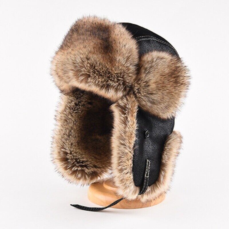 Men RussianFaux Leather Fur Hat Aviator Trapper Hat Winter Ski Ushanka Earflap