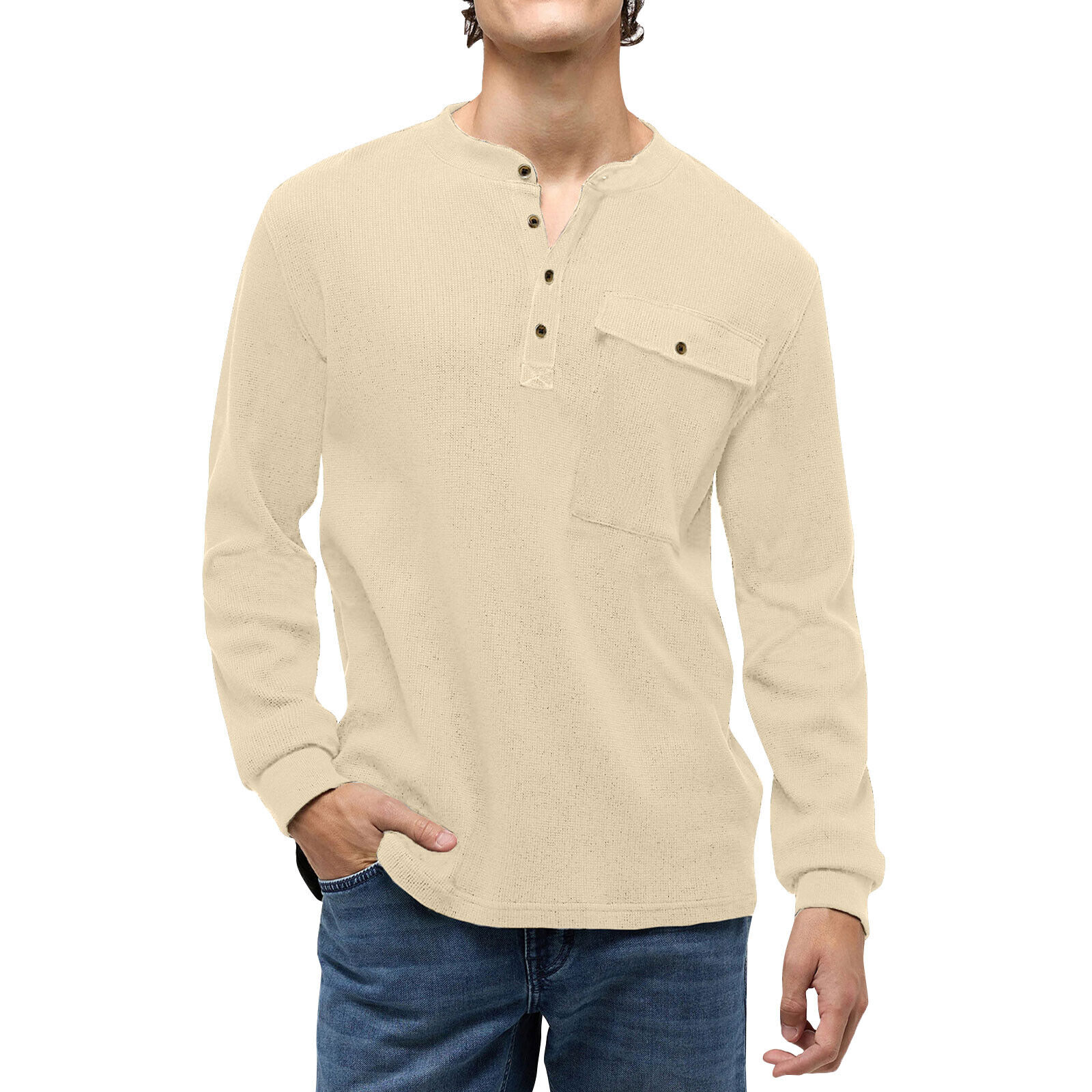 Mens Solid Color Long Sleeve Top Button Up Round Neck Top Sports Henley T-Shirts - Imagen 21 de 29