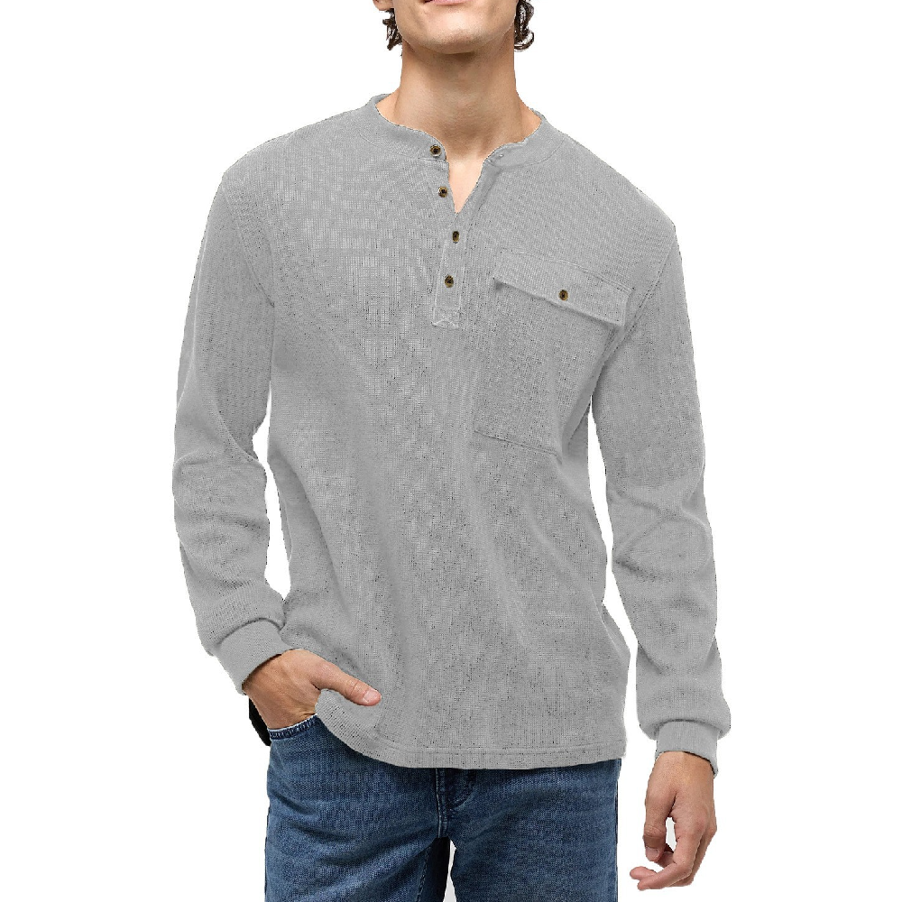 Mens Solid Color Long Sleeve Top Button Up Round Neck Top Sports Henley T-Shirts - Imagen 23 de 29