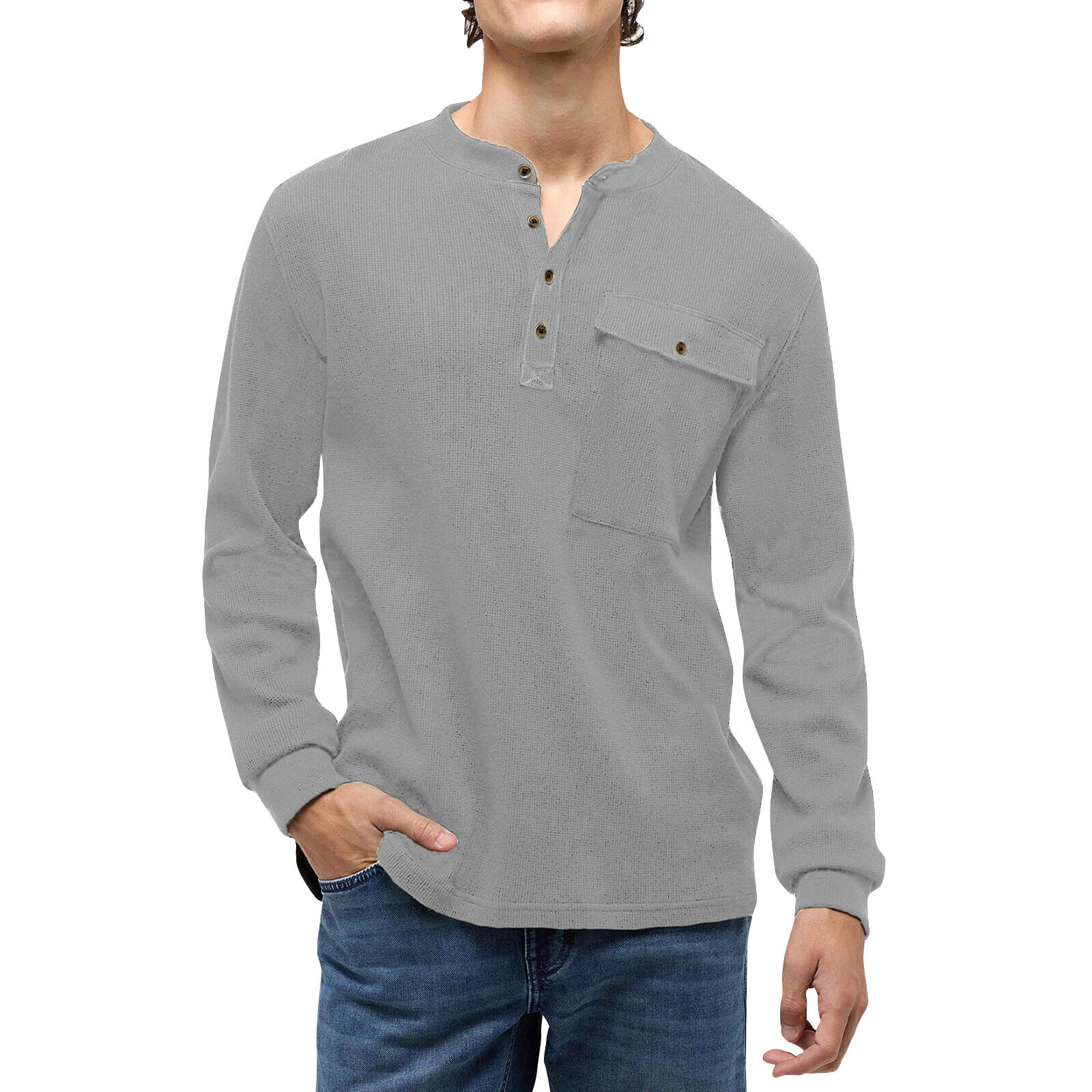 Mens Solid Color Long Sleeve Top Button Up Round Neck Top Sports Henley T-Shirts - Imagen 24 de 29