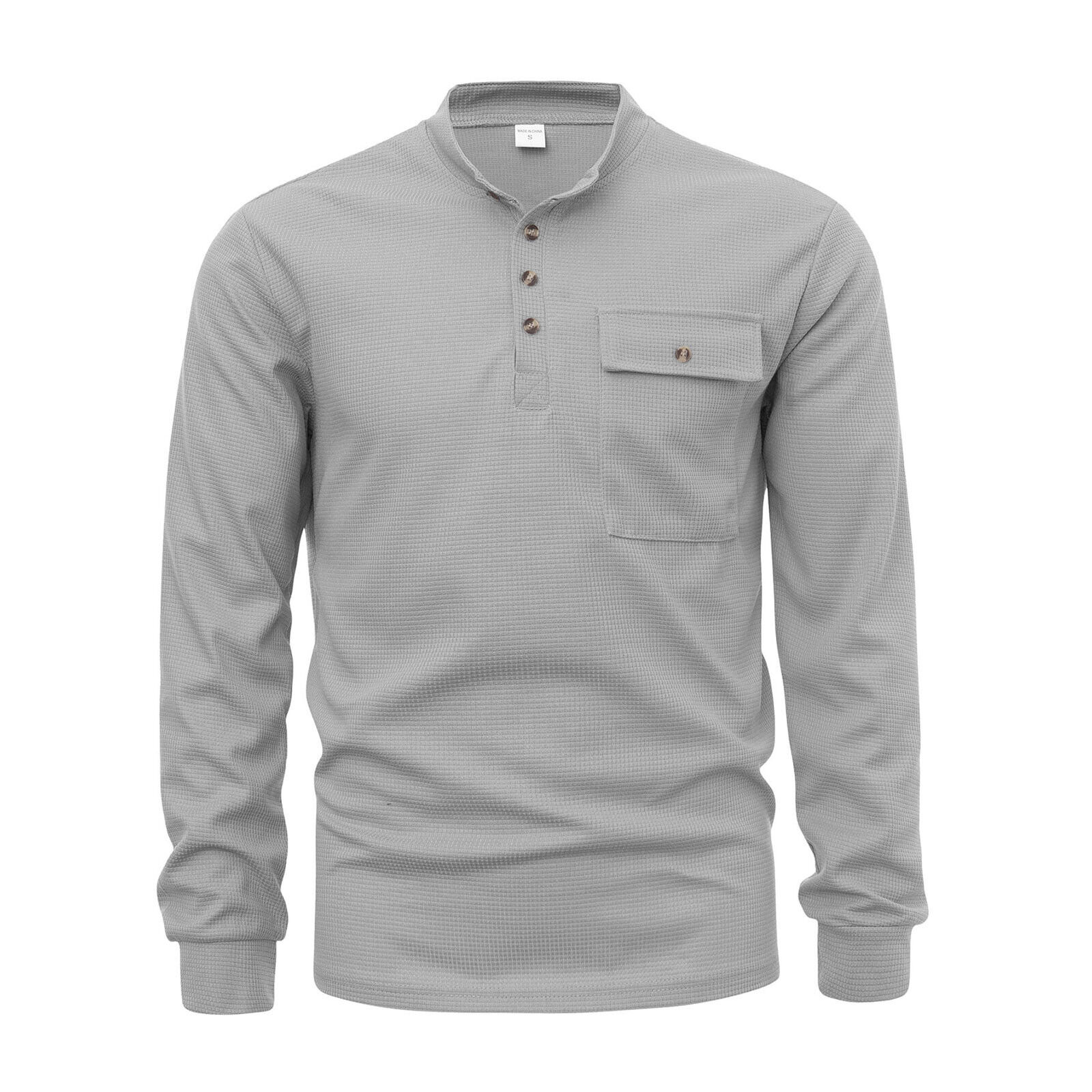 Mens Solid Color Long Sleeve Top Button Up Round Neck Top Sports Henley T-Shirts - Imagen 25 de 29