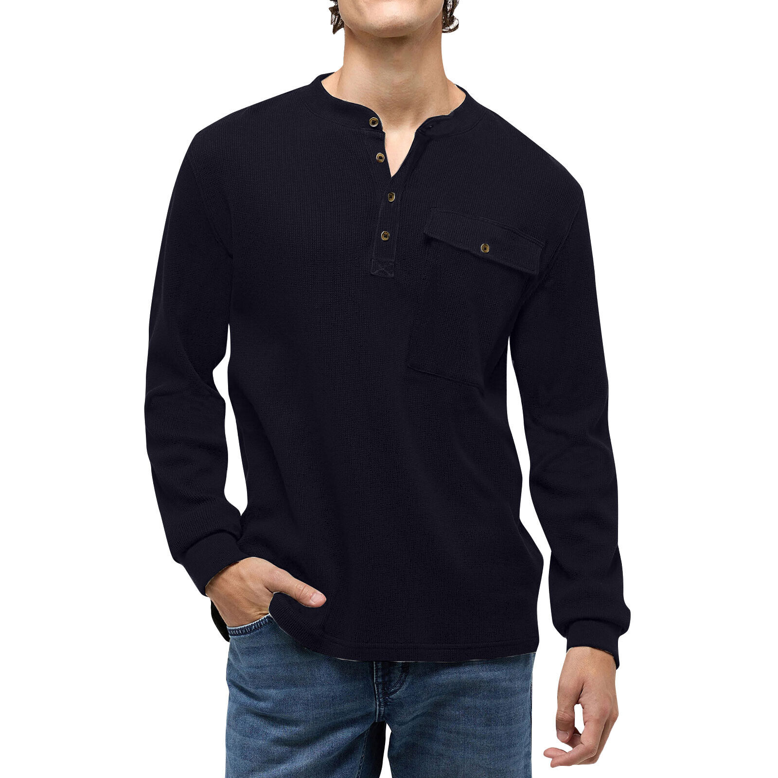 Mens Solid Color Long Sleeve Top Button Up Round Neck Top Sports Henley T-Shirts - Imagen 27 de 29