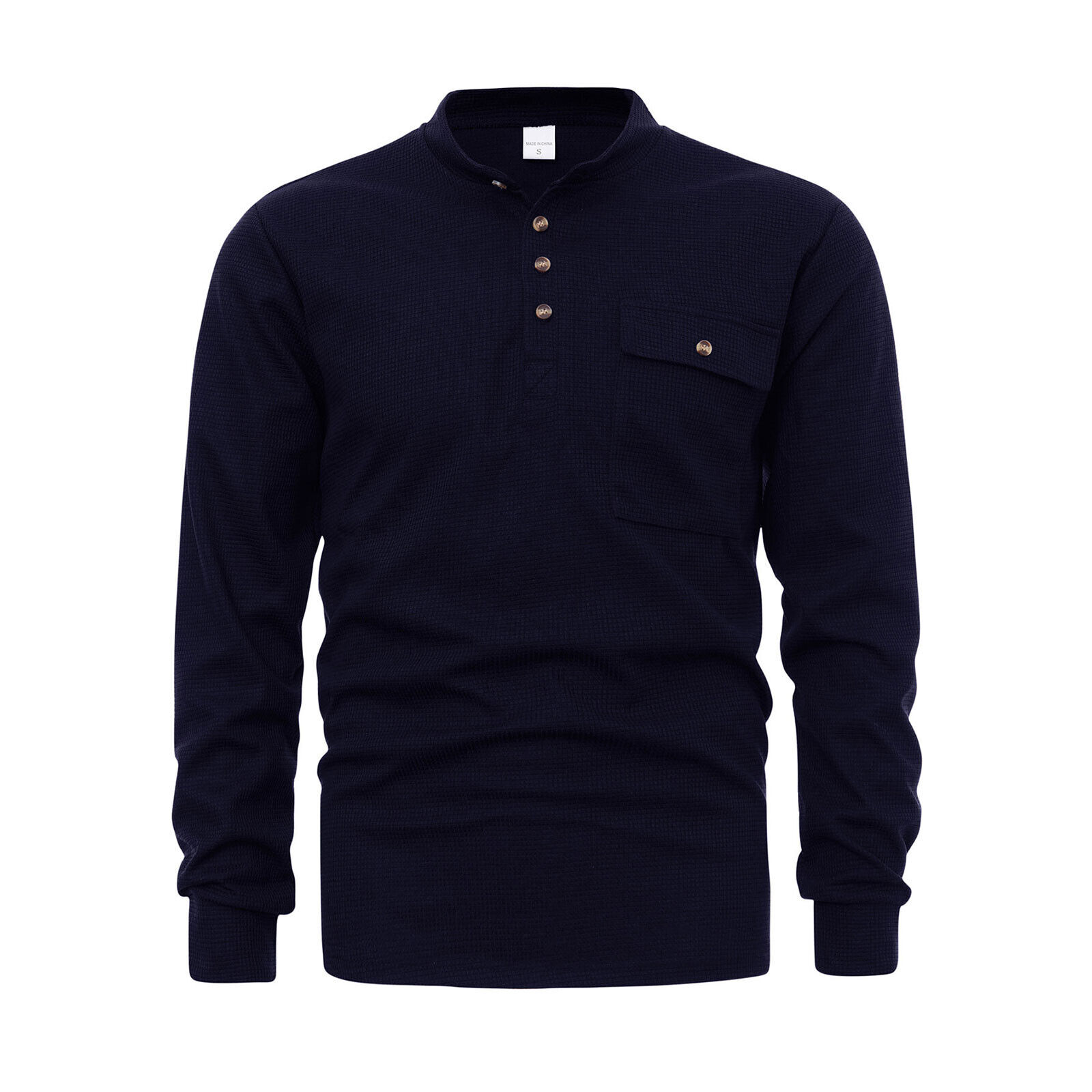 Mens Solid Color Long Sleeve Top Button Up Round Neck Top Sports Henley T-Shirts - Imagen 28 de 29