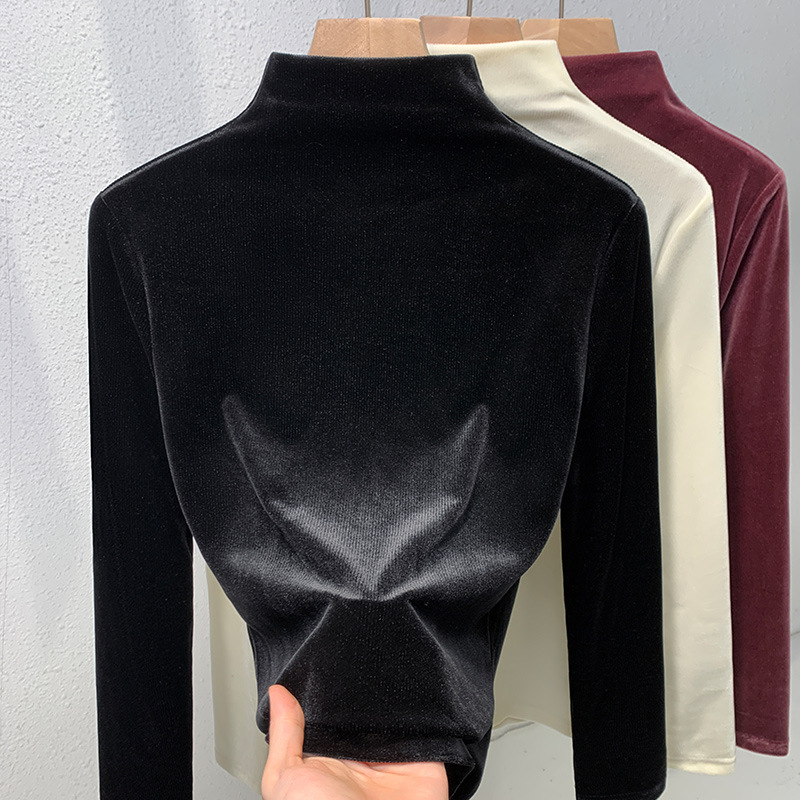 Womens Velvet Mock Neck Long Sleeves Pullover Shirt Casual Slim Fit Blouse Tops - Picture 10 of 13