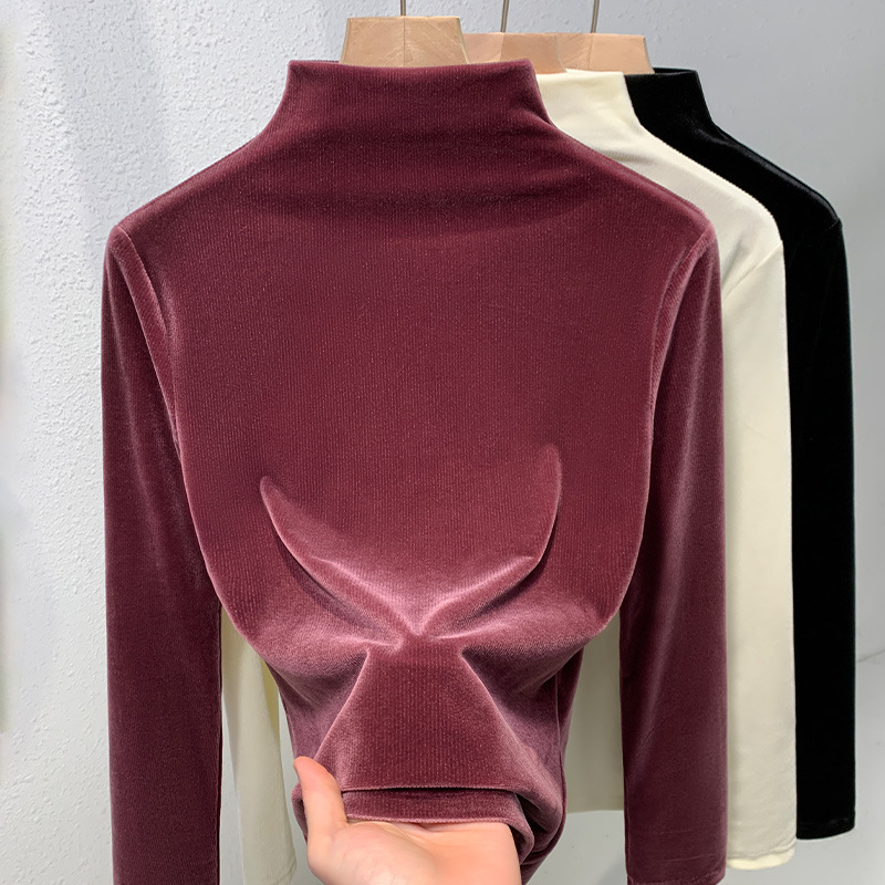 Womens Velvet Mock Neck Long Sleeves Pullover Shirt Casual Slim Fit Blouse Tops - Picture 11 of 13