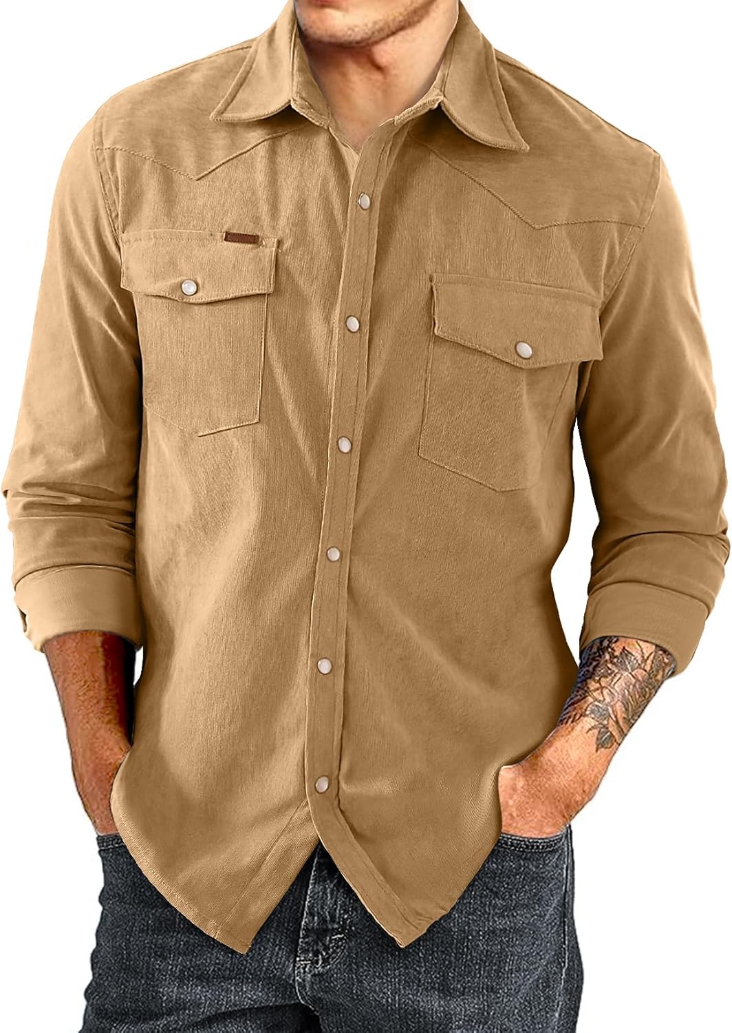 Men's Corduroy Shirts Casual Western Long Sleeve Button Down Shacket Jackets - Picture 19 of 28