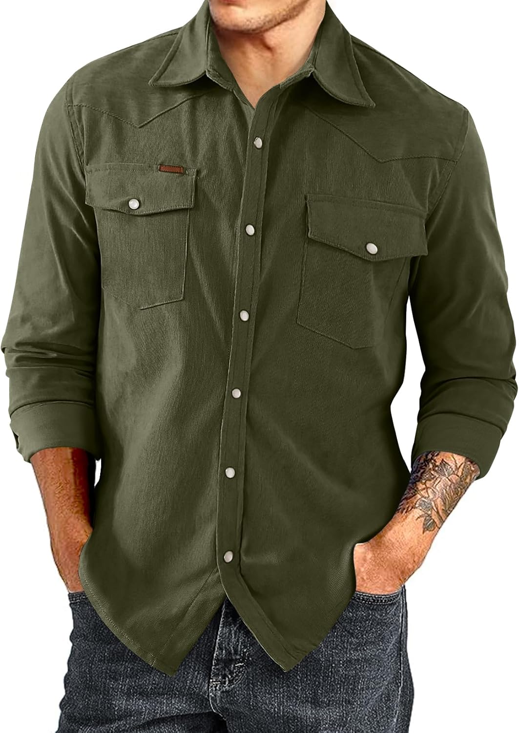 Men's Corduroy Shirts Casual Western Long Sleeve Button Down Shacket Jackets - Picture 20 of 28