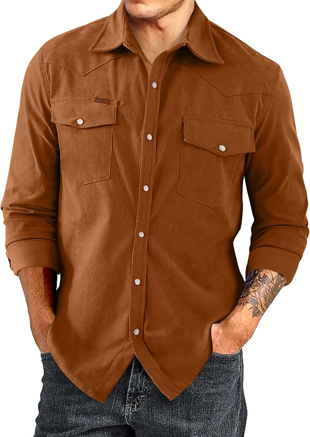 Men's Corduroy Shirts Casual Western Long Sleeve Button Down Shacket Jackets - Picture 22 of 28