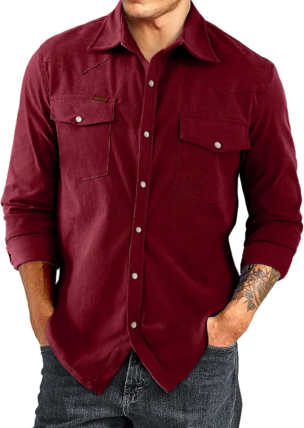 Men's Corduroy Shirts Casual Western Long Sleeve Button Down Shacket Jackets - Picture 25 of 28