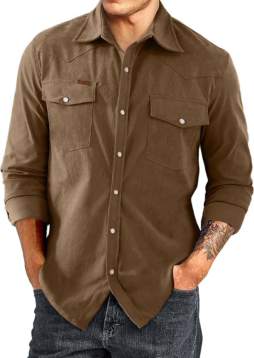 Men's Corduroy Shirts Casual Western Long Sleeve Button Down Shacket Jackets - Picture 26 of 28