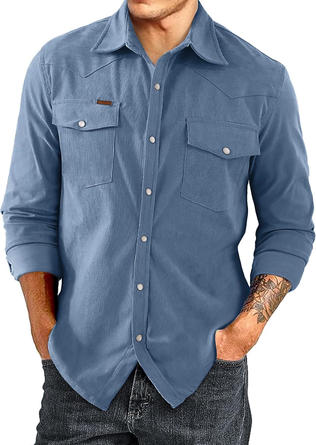 Men's Corduroy Shirts Casual Western Long Sleeve Button Down Shacket Jackets - Picture 27 of 28