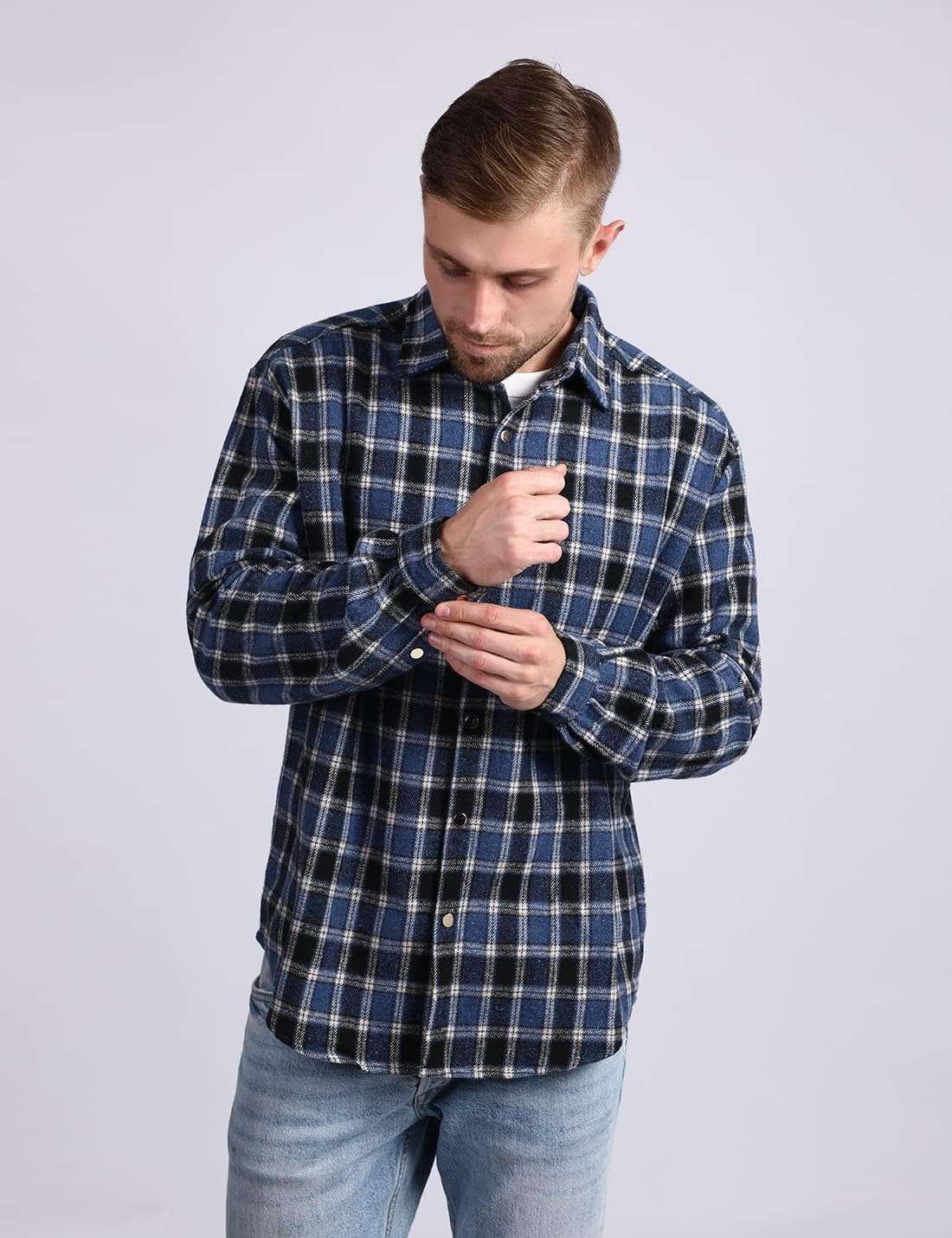 Mens Casual Cotton Plaid Shirts Long Sleeve Button-Down Flannel Overshirt Jacket - Picture 41 of 112