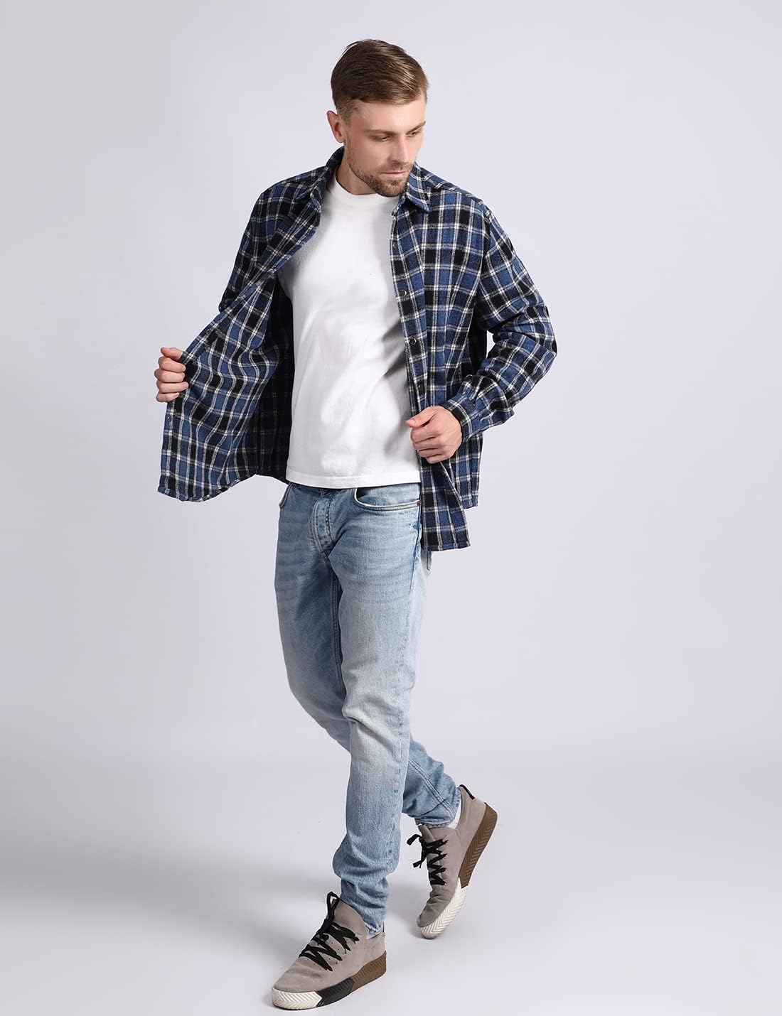 Mens Casual Cotton Plaid Shirts Long Sleeve Button-Down Flannel Overshirt Jacket - Picture 42 of 112