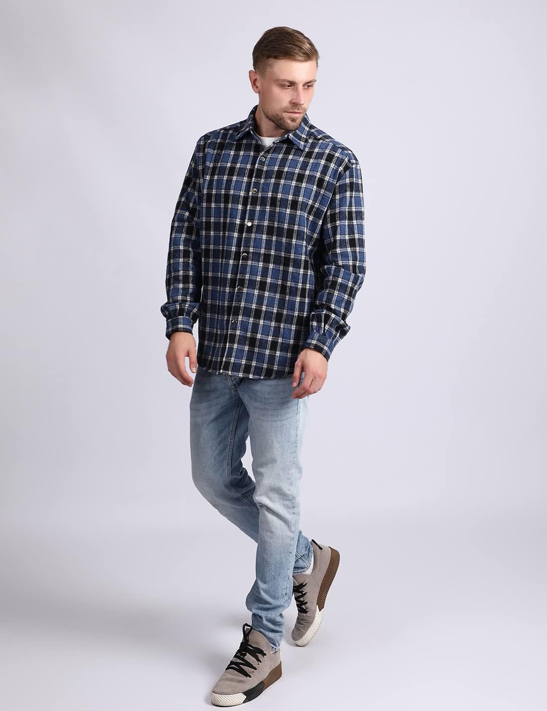 Mens Casual Cotton Plaid Shirts Long Sleeve Button-Down Flannel Overshirt Jacket - Picture 43 of 112