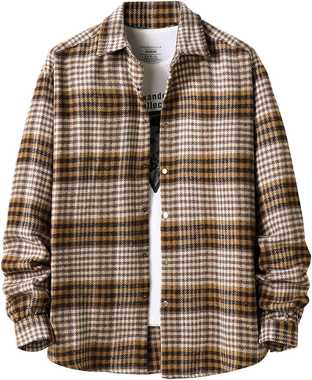 Mens Casual Cotton Plaid Shirts Long Sleeve Button-Down Flannel Overshirt Jacket - Picture 50 of 112