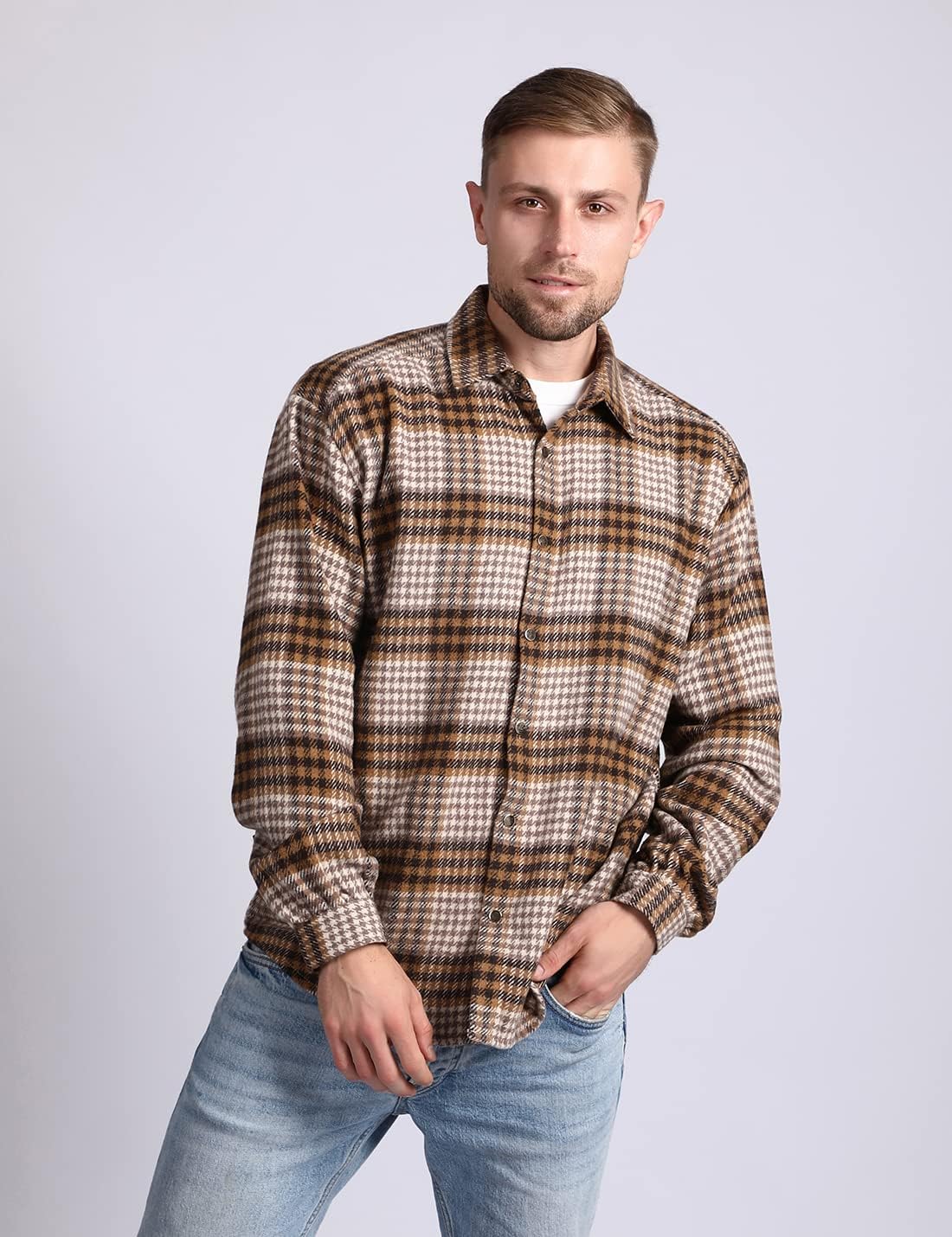 Mens Casual Cotton Plaid Shirts Long Sleeve Button-Down Flannel Overshirt Jacket - Picture 54 of 112