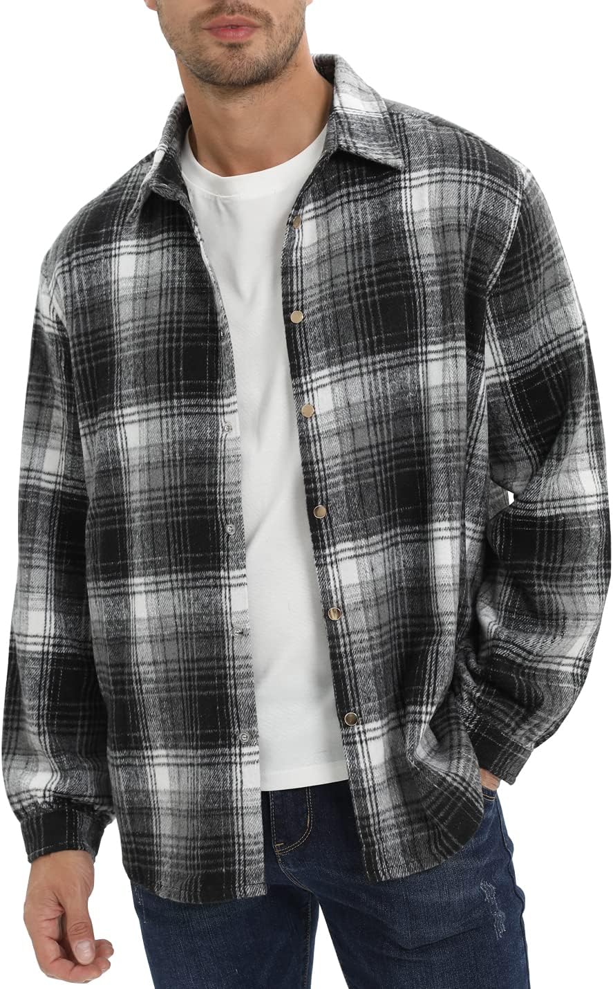 Mens Casual Cotton Plaid Shirts Long Sleeve Button-Down Flannel Overshirt Jacket - Picture 57 of 112